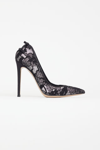Gianvito Rossi Black & Silver Floral Lace  Heel