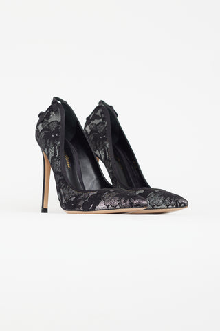 Gianvito Rossi Black & Silver Floral Lace  Heel