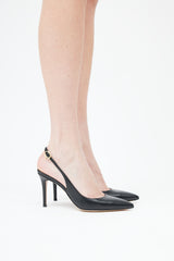  Black Leather Pointed Toe Slingback Pump