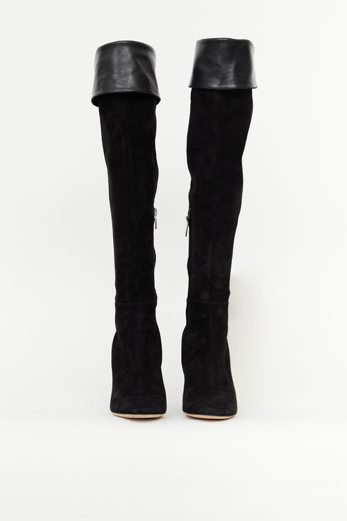 Gianvito Rossi Black Suede Folded Knee High Boot