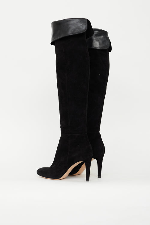 Gianvito Rossi Black Suede Folded Knee High Boot
