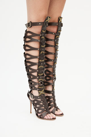 Gianvito Rossi Brown Leather Thigh High Cage Boot