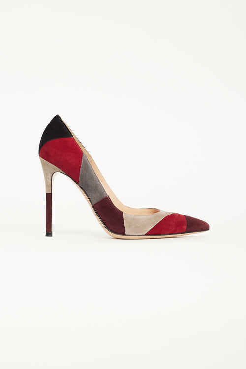 Gianvito Rossi Burgundy & Grey Suede Crosby Patchwork Pump