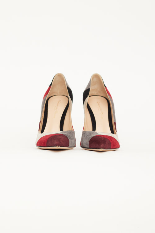 Gianvito Rossi Burgundy & Grey Suede Crosby Patchwork Pump
