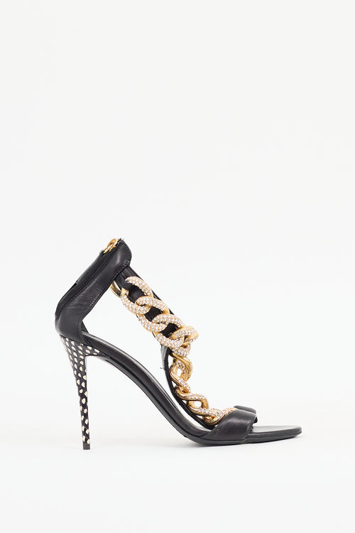 Giuseppe Zanotti Black & Gold Leather T Chain Jewel Sandal