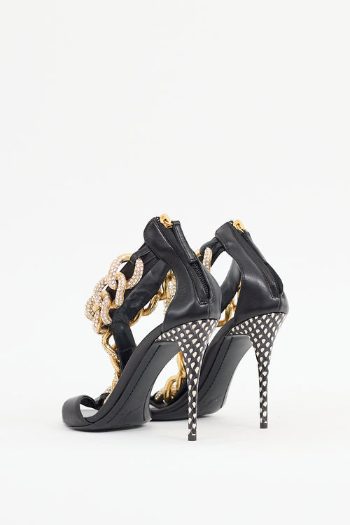 Giuseppe Zanotti Black & Gold Leather T Chain Jewel Sandal