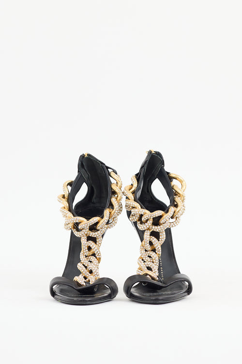 Giuseppe Zanotti Black & Gold Leather T Chain Jewel Sandal