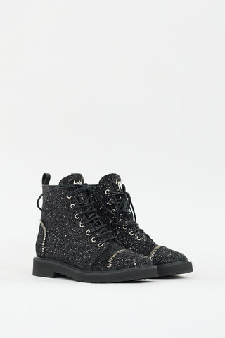 Giuseppe Zanotti Black Glitter Zipper Combat Boot