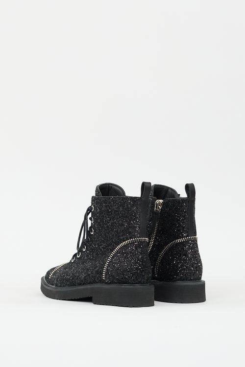 Giuseppe Zanotti Black Glitter Zipper Combat Boot