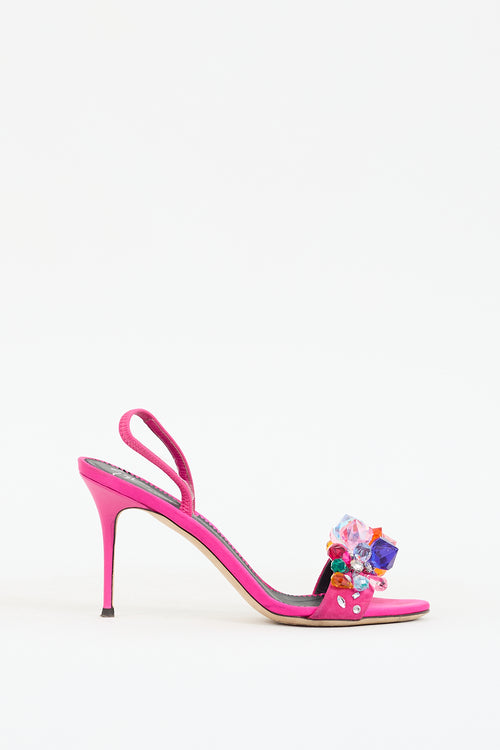 Giuseppe Zanotti Fuchsia & Multicolour Satin Crystal Embellished Heel