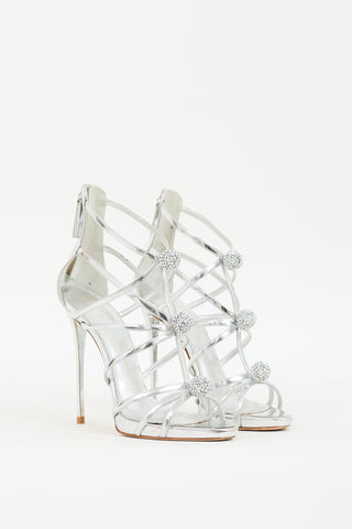 Giuseppe Zanotti Silver Leather Rhinestone Ball Heel