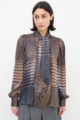 Givenchy Beige & Navy Silk Printed Tie Neck Shirt