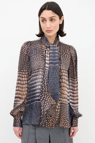 Givenchy Beige & Navy Silk Printed Tie Neck Shirt