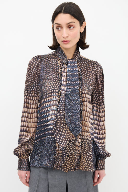 Givenchy Beige & Navy Silk Printed Tie Neck Shirt