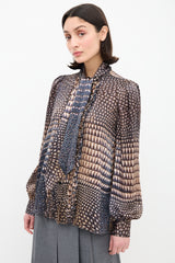Givenchy Beige & Navy Silk Printed Tie Neck Shirt