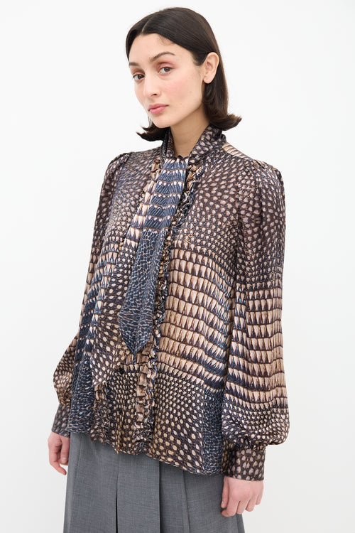Givenchy Beige & Navy Silk Printed Tie Neck Shirt