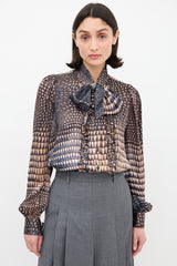 Givenchy Beige & Navy Silk Printed Tie Neck Shirt