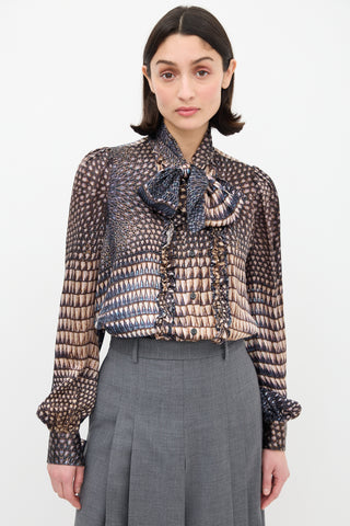 Givenchy Beige & Navy Silk Printed Tie Neck Shirt