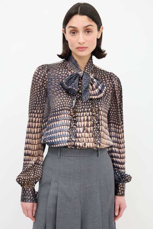 Givenchy Beige & Navy Silk Printed Tie Neck Shirt