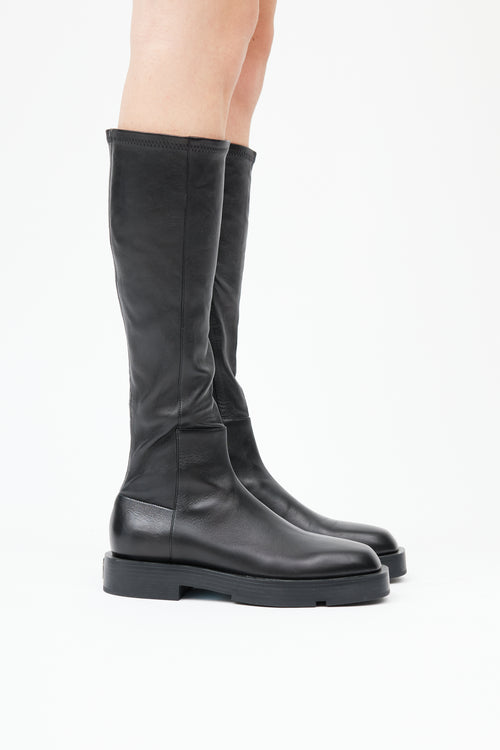  Black Leather Knee High Square Toe Boot