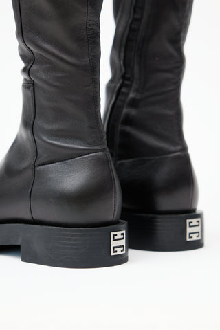  Black Leather Knee High Square Toe Boot