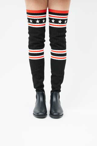  Black & Red Knit Thigh high Rain Boot
