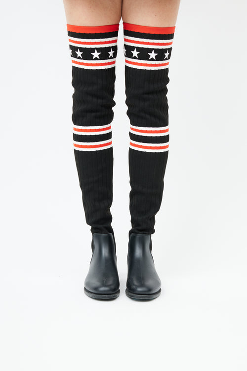  Black & Red Knit Thigh high Rain Boot