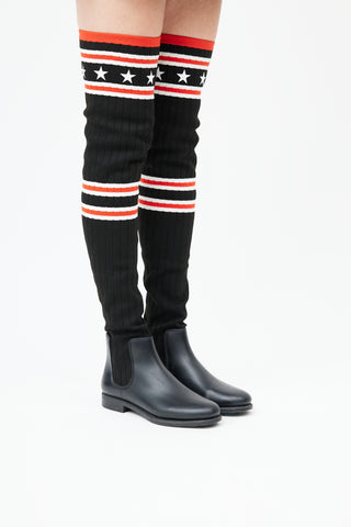 Givenchy Black & Red Knit Thigh high Rain Boot