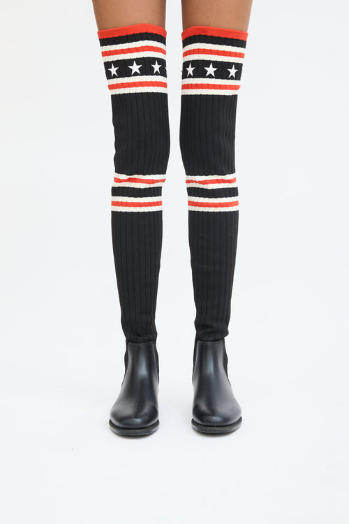 Givenchy Black & Red Knit Thigh High Rain Boot