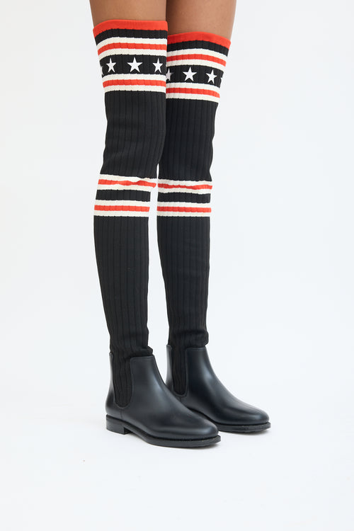 Givenchy Black & Red Knit Thigh High Rain Boot