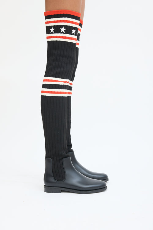 Givenchy Black & Red Knit Thigh High Rain Boot