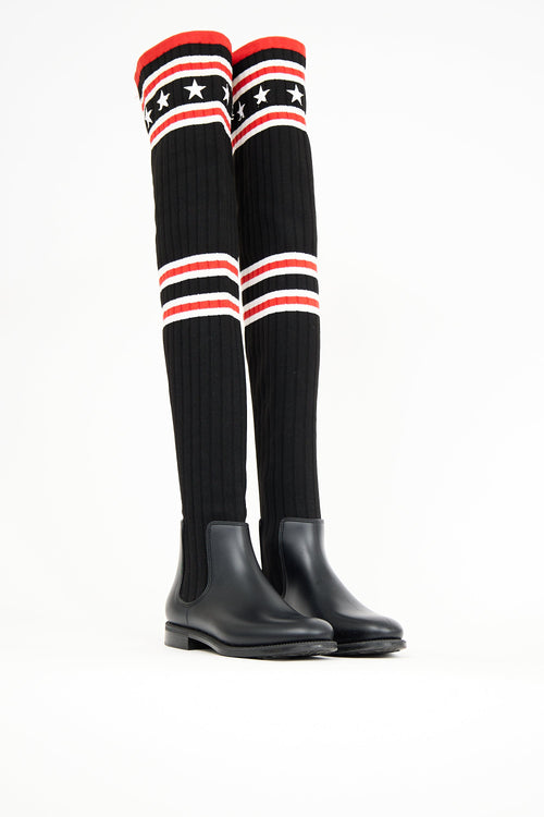 Givenchy Black & Red Knit Thigh High Rain Boot