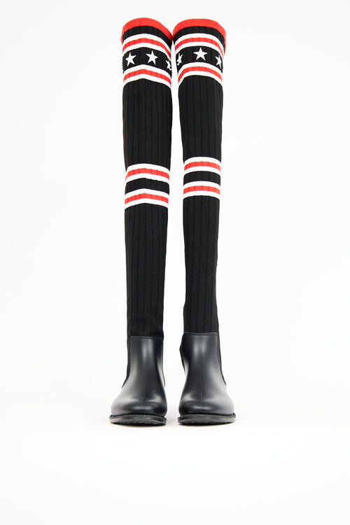 Givenchy Black & Red Knit Thigh High Rain Boot