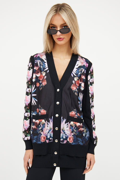 Givenchy Black & Multi Floral Silk Knit Cardigan
