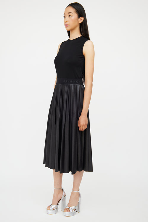 Black Logo Pleated Sleeveless Dress