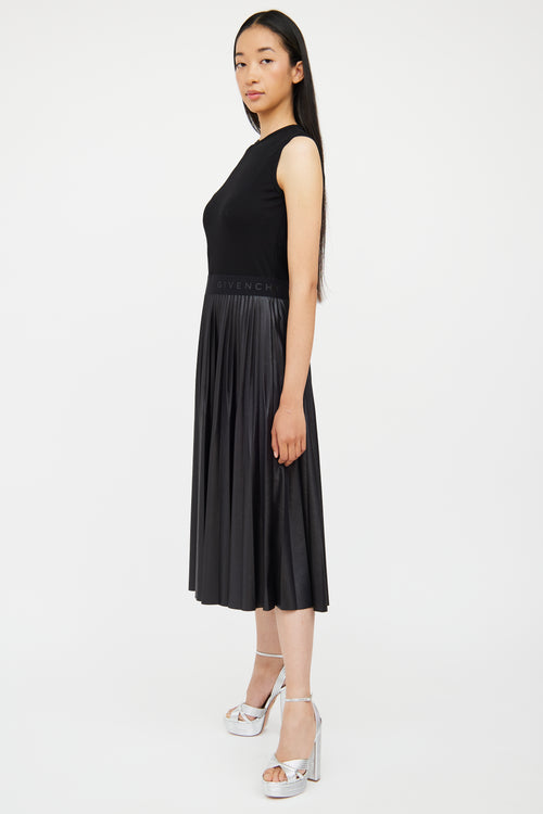 Black Logo Pleated Sleeveless Dress