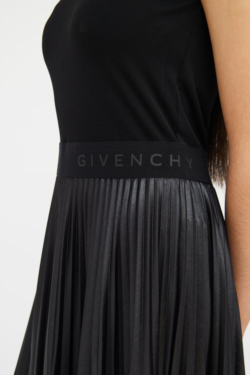 Black Logo Pleated Sleeveless Dress