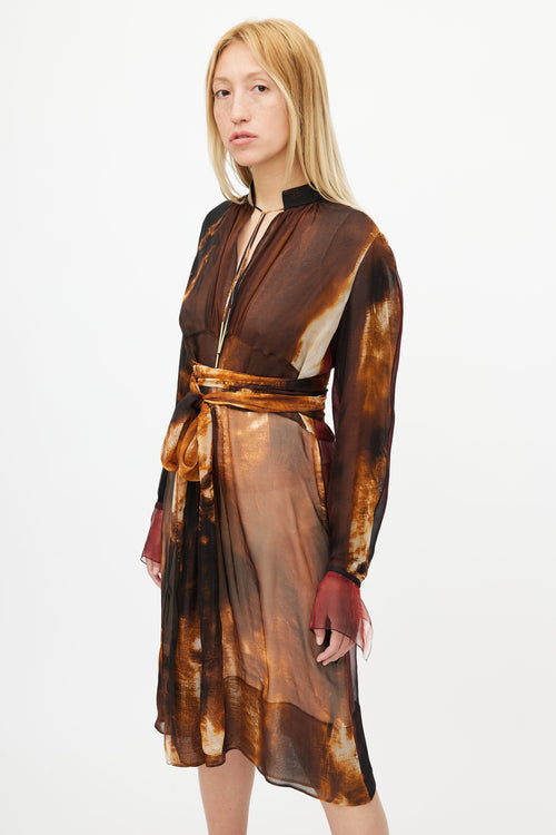 Givenchy Brown & Multicolour Sheer Abstract Silk Dress