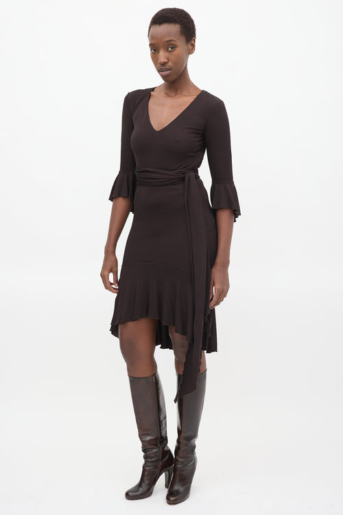 Givenchy Brown Flouncy V-Neck Midi Dress