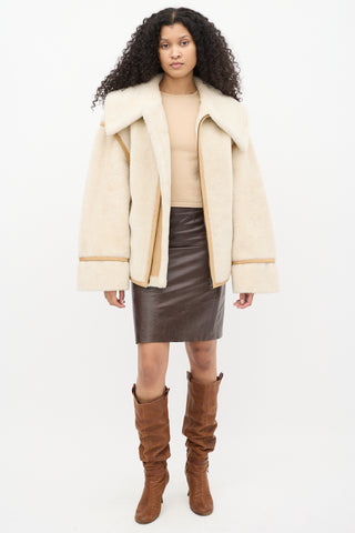 Goen. J Cream Faux Shearling & Brown Suede Aviator Jacket