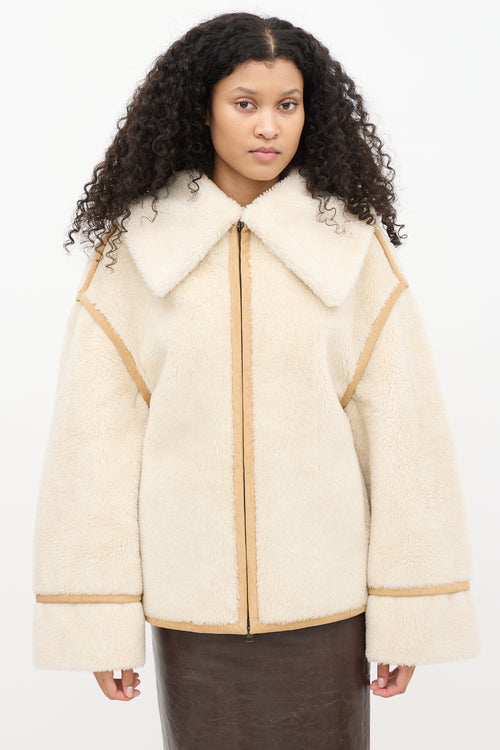 Goen. J Cream Faux Shearling & Brown Suede Aviator Jacket