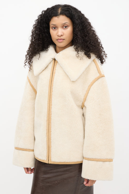 Goen. J Cream Faux Shearling & Brown Suede Aviator Jacket