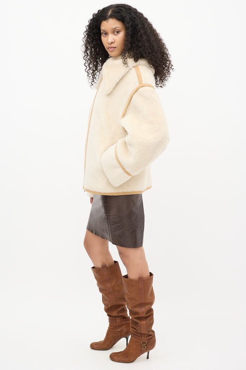 Goen. J Cream Faux Shearling & Brown Suede Aviator Jacket