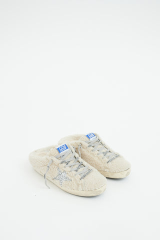 Golden Goose Beige & Silver Shearling Sabot Sneaker Mule