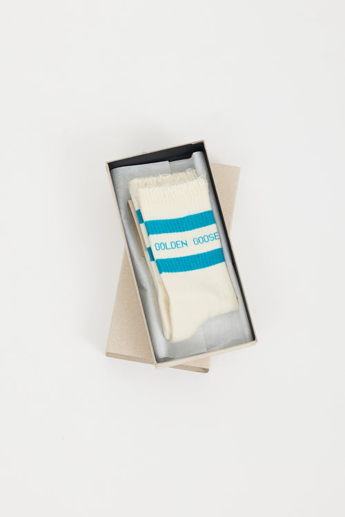 Golden Goose Cream & Blue Logo Rib High Socks