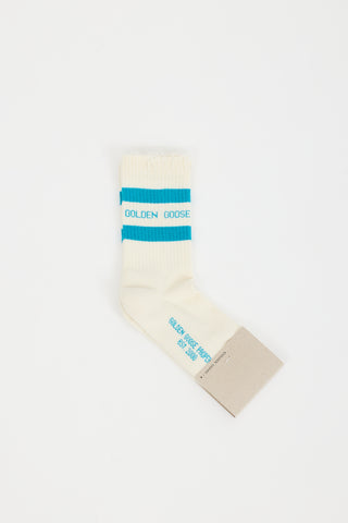 Golden Goose Cream & Blue Logo Rib High Socks