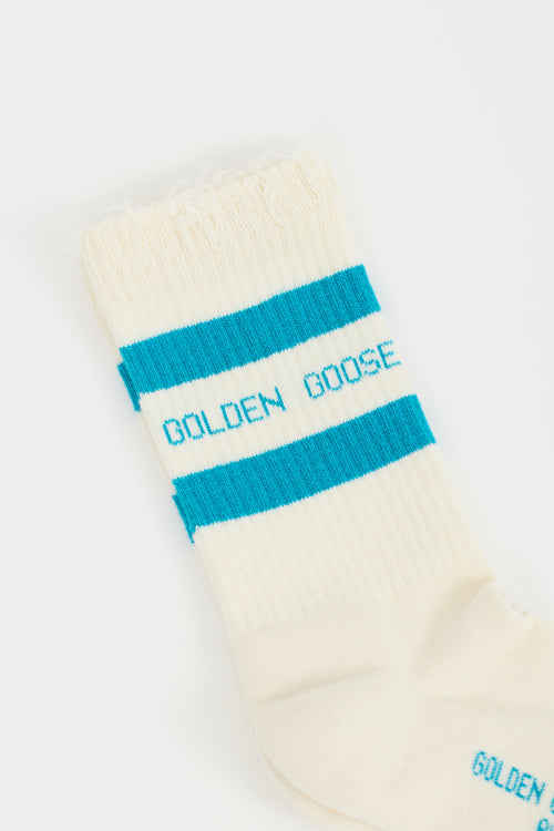 Golden Goose Cream & Blue Logo Rib High Socks