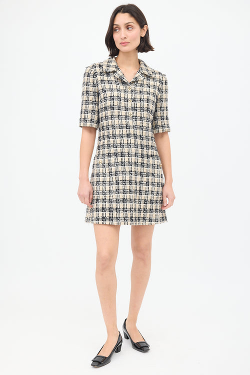 Gucci Beige & Black Tweed Short Sleeve Dress