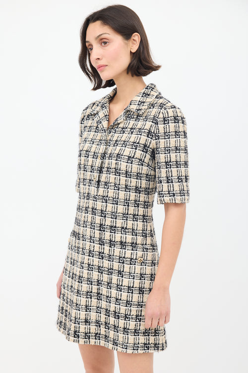 Gucci Beige & Black Tweed Short Sleeve Dress