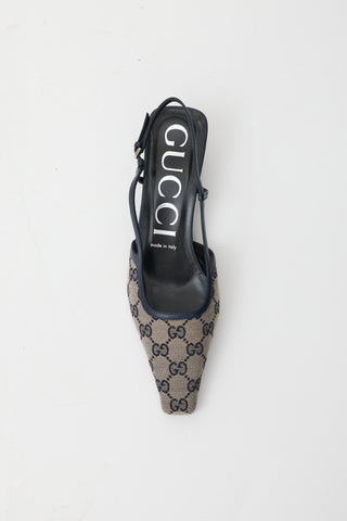 Gucci Beige & Navy GG Supreme Monogram Mule